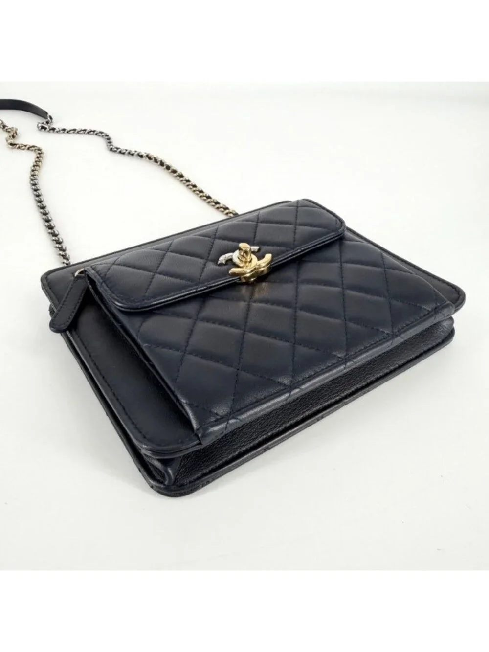 Chanel Shoulder Bag Quilted CC Logo Bag Crossbody Lambskin Navy Gold Silver